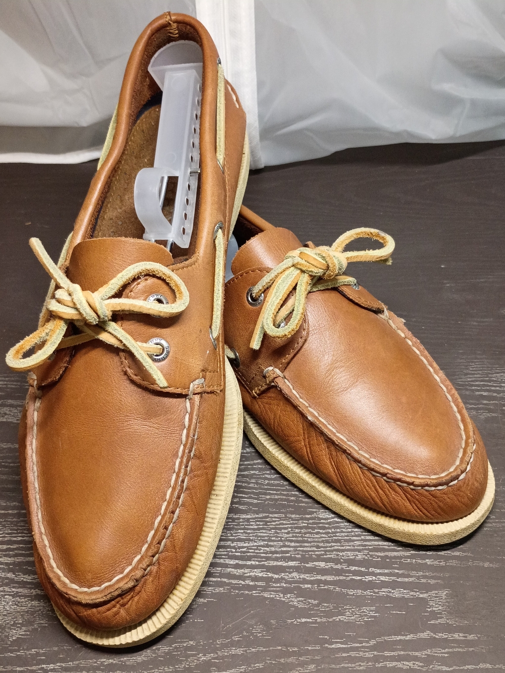 Sperry Tan/Cognac Leather Boat Shoes with Cream Laces/Soles. Men's 9.5 Like NEW!